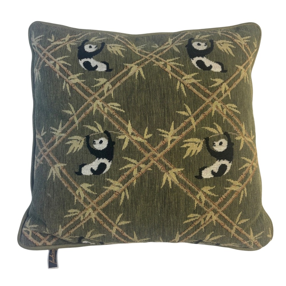 Fashion Olive Green Panda Bamboo Woven Tapestry Square Throw Pillow 15x15